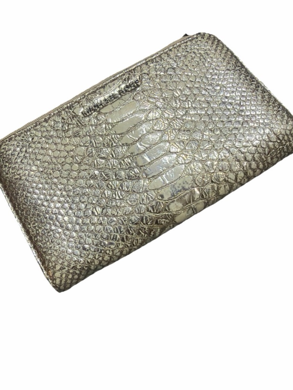 Michael Kors Metallic silver patent leather Croc-Embossed Zip Wallet clutch - Picture 1 of 16